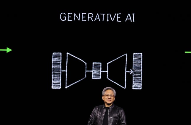Jensen Huang em frente a um ecrã que diz IA generativa e o desenho de um diagrama.